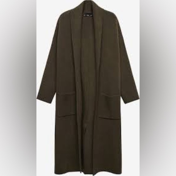 Mango Olive Green Oversized Knitted Long Car Coat New Condition, Size L - Picture 2 of 11